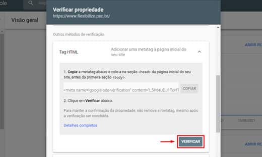 Clique no botão verificar para confirmar a propriedade
