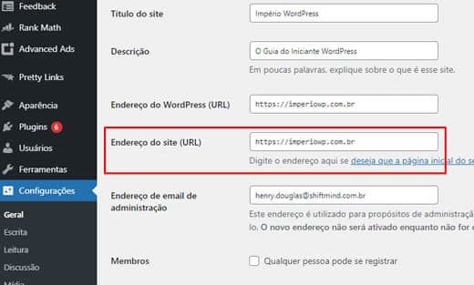 Copie a URL do site da página de configurações do WordPress