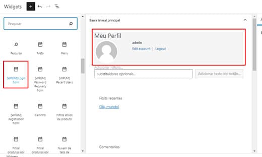 Adicionar o [WPUM] Login Form na barra lateral
