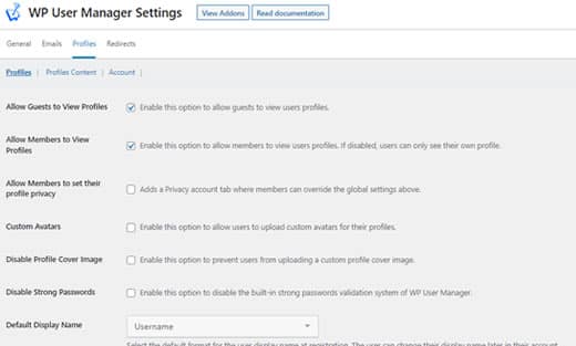 Configurações da página de perfil de usuário
