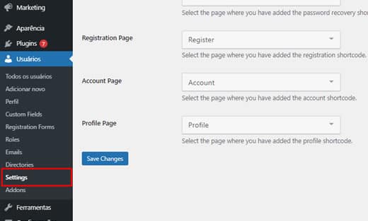 Acessar Página de Configurações de plugin WP User Manager.
