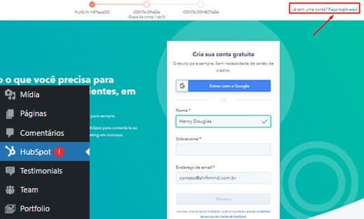 Faça login da sua conta do HubSpot CRM