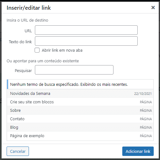 Popup de inserir link no editor do wordpress
