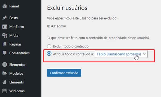 atribua todo o conteudo ao novo usuario no WordPress