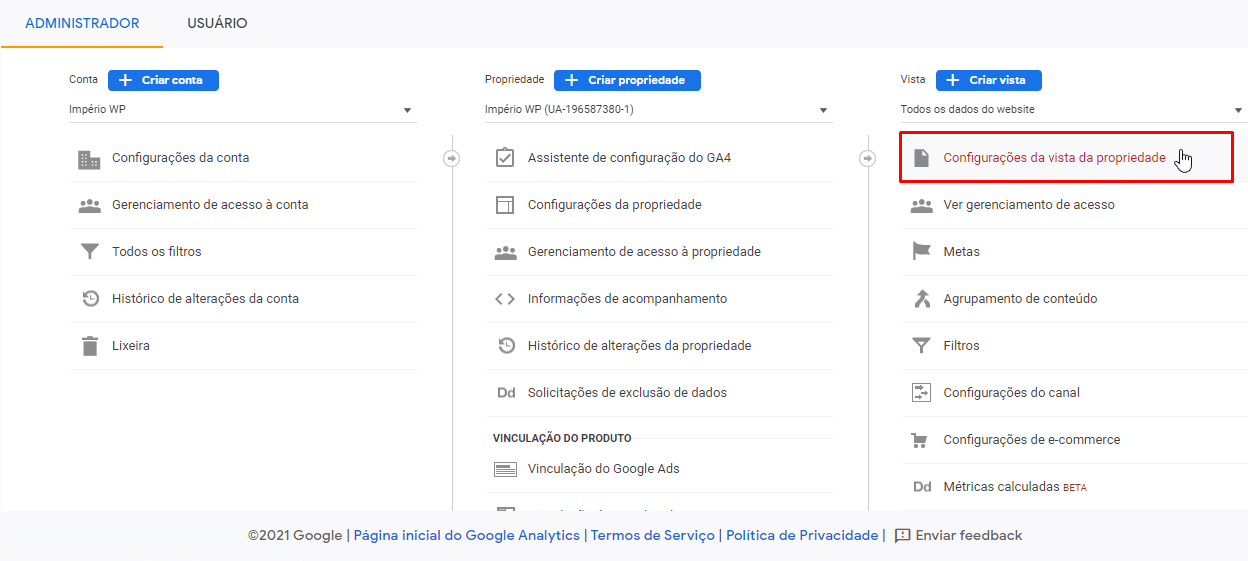 clique em "Configurações da vista da propriedade" na coluna Vista.