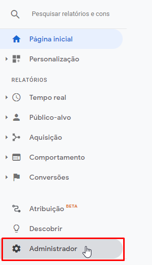 Clique no menu de administração de Google Analytics