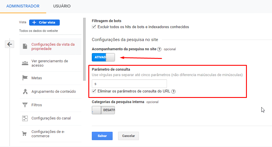 Configurações de Pesquisa do Site no Google Analytics