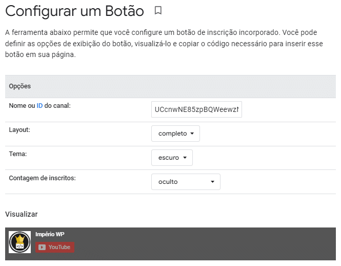 Botão de Configuração de Inscrição do Youtube WordPress Botão de Configuração de Inscrição do Youtube WordPress