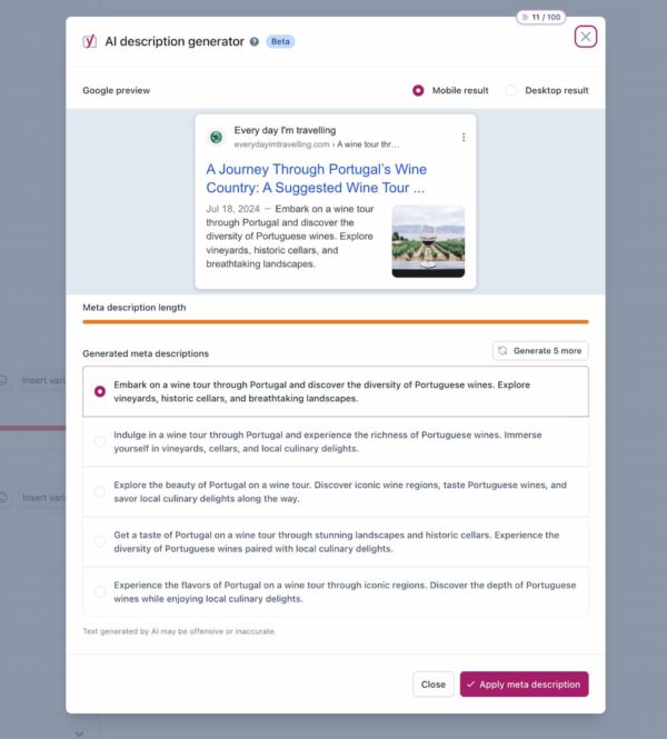 yoast seo's ai tool can generate relevant titles and meta descriptions for you