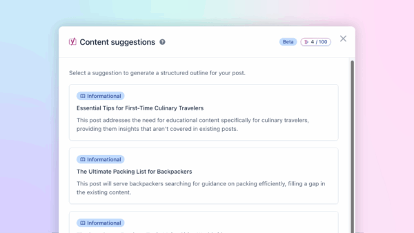 Yoast AI Content planner feature example, showing possible article ideas for a travel site