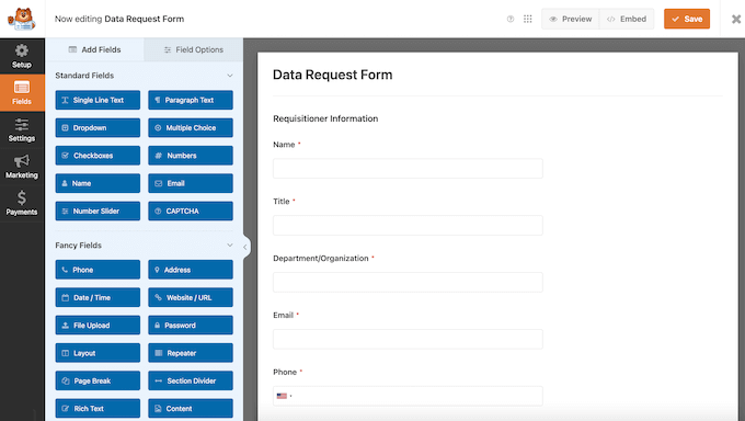 The WPForms' drag and drop editor