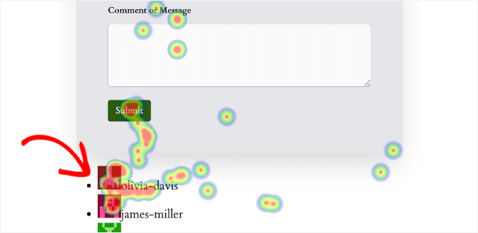 Example of a UserFeedback heatmap showing clicks on a webpage.