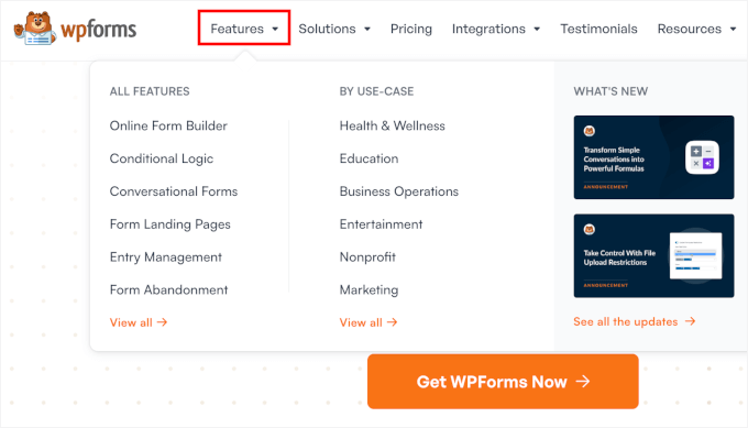 Dropdown menu in WPForms' navigation