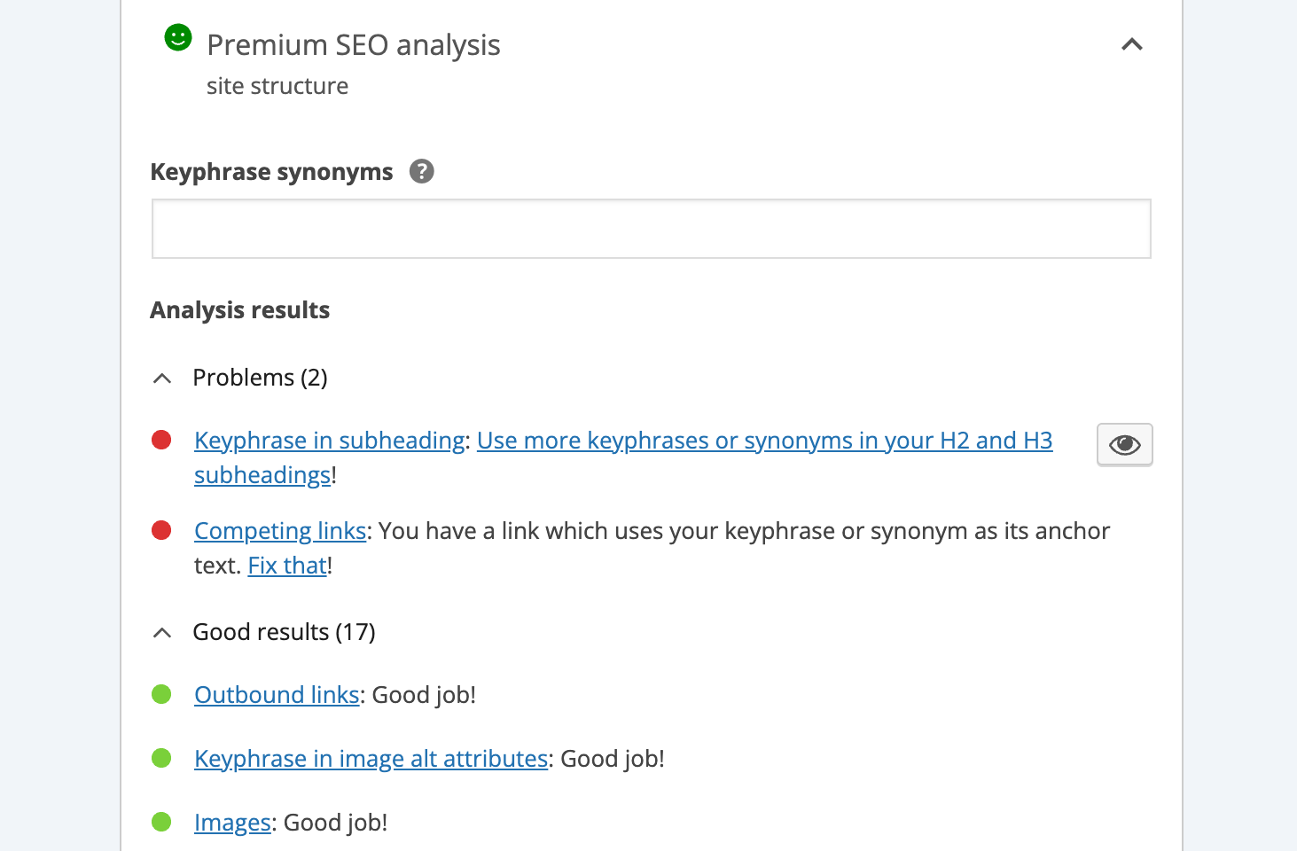 the yoast seo premium analyse for a post about site structure, which has two red traffic lights, one for keyphrase in subheading use and one for competing links