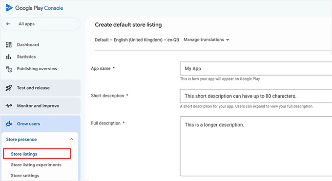 Add app details in Google Play Console