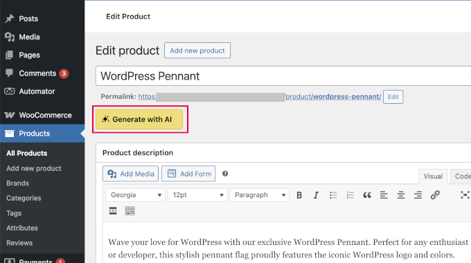 Generate WooCommerce product description with AI