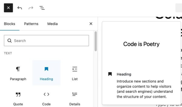 adding a heading in the block editor using the blocks menu