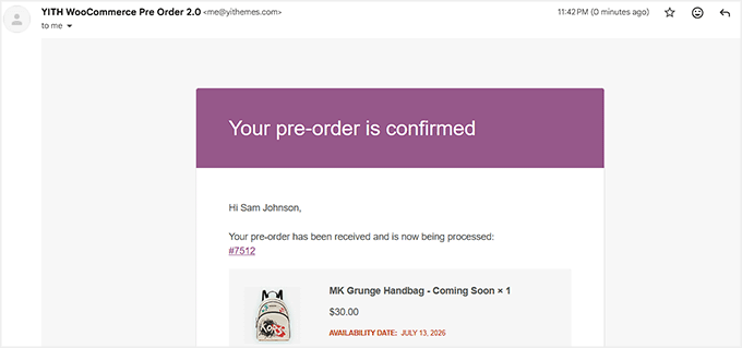 Pre-order confirmed email sent to customers with YITH