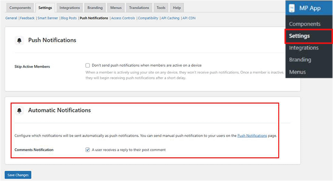 Select automatic notifications in MemberPress AppKit