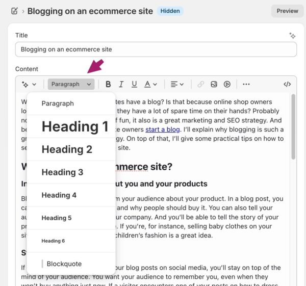 adding a header in shopify's nlog editor using the drop down menu