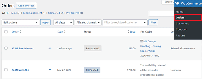 View YITH pre-orders on WooCommerce Orders page