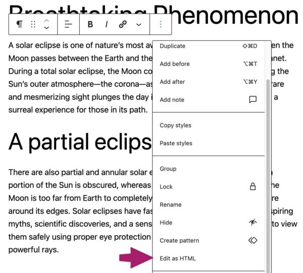 editing html in the block editor