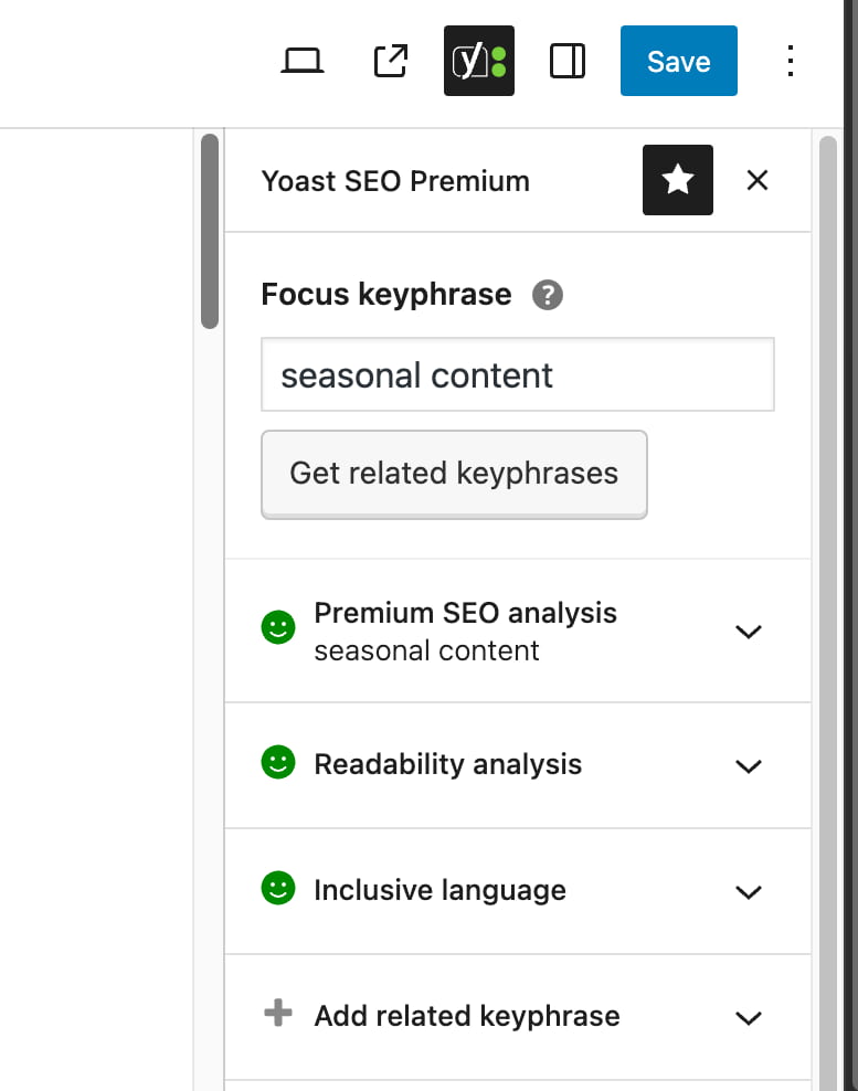 an example of the Yoast SEO sidebar showing three overall green traffic lights for a post