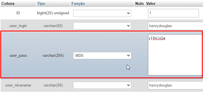 Você precisará excluir o valor no campo user_pass e substituí-lo pela sua nova senha. Na coluna de função, selecione MD5 no menu suspenso e clique no botão Ir .